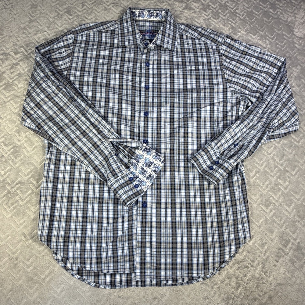 Robert Graham Shirt Mens XL Plaid Button Down Flip Cuff Blue Gray Luxury Casual